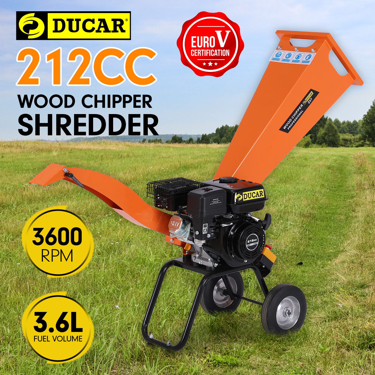 Ducar Wood Chipper Shredder Mulcher Garden 7HP Petrol Motor Upright ...